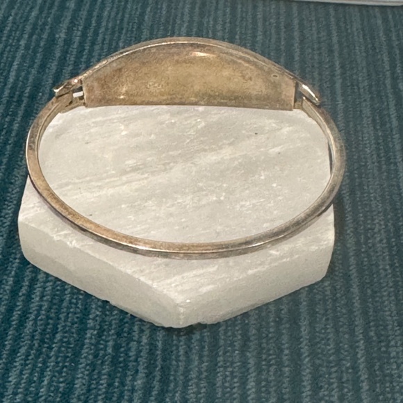 Vintage Ocean Blue Mother of Pearl Floral Inlay Alpaca Bracelet Mexico - Picture 4 of 6